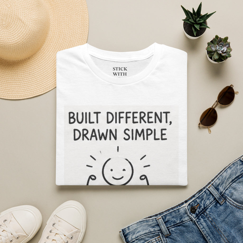 T-Shirt — "Built Different, Drawn Simple" Minimal Stick Figure Graphic Tee