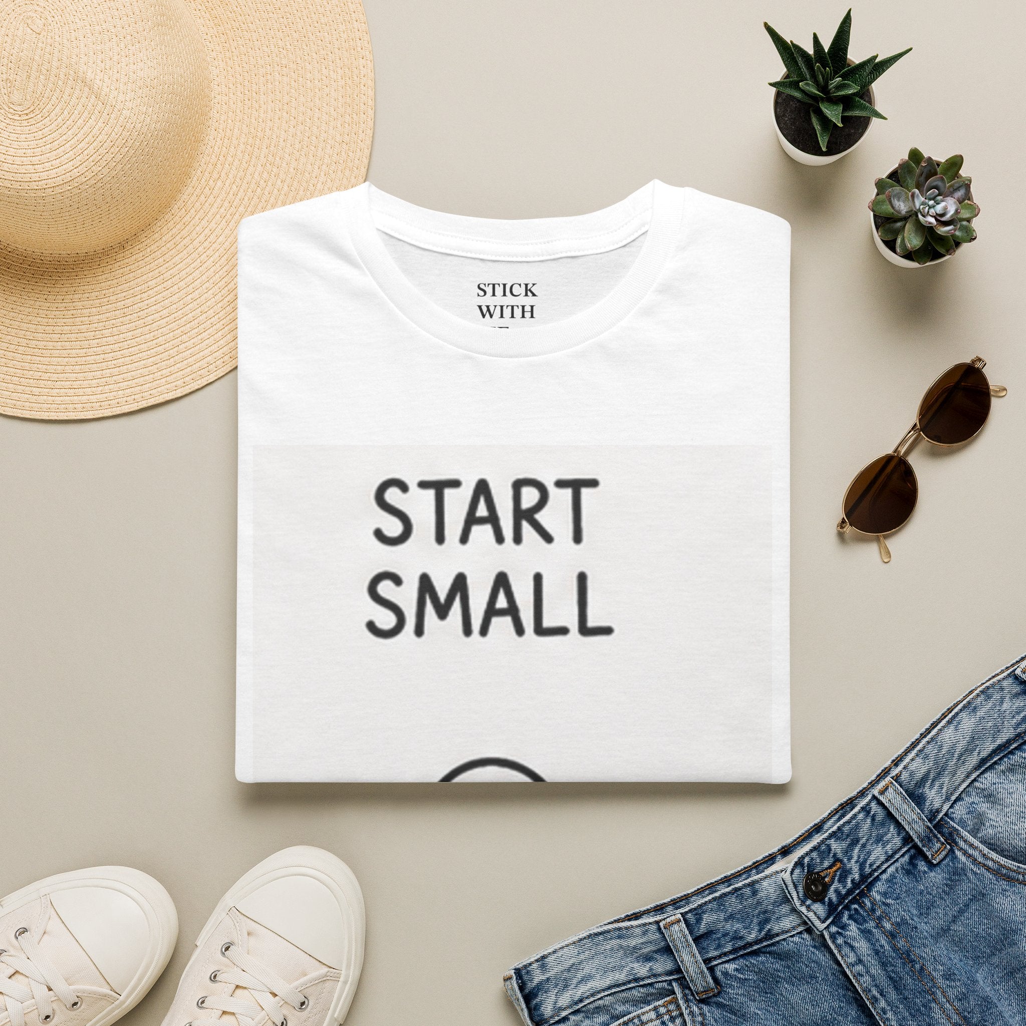 Start Small T-Shirt — Minimalist Motivational Tee with Stick Figure Planting Design