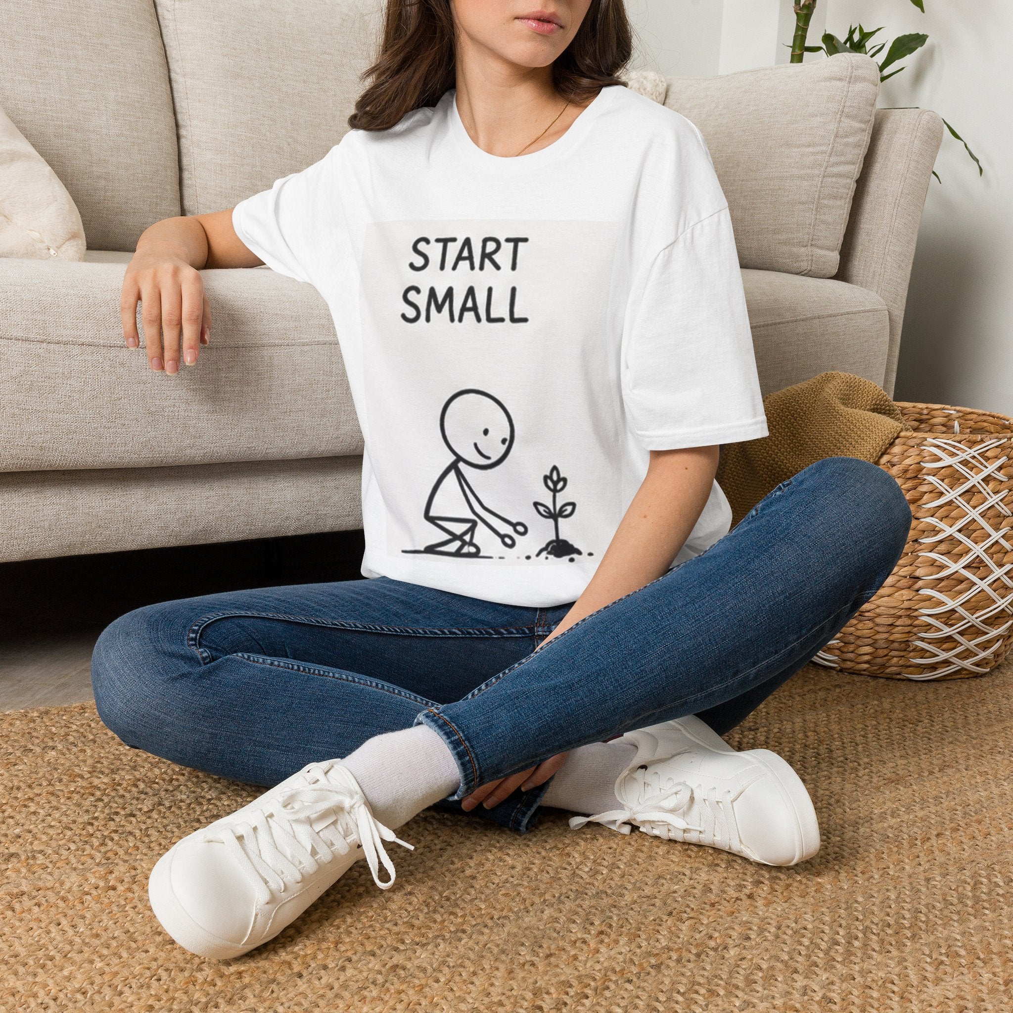 Start Small T-Shirt — Minimalist Motivational Tee with Stick Figure Planting Design